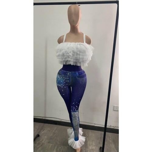 Nightclub Party Celebration Singer Stage Clothes Women Spaghetti Strap Ruffles Prom Jumpsuit Stretch Skinny Bodysuit Dancer Wear