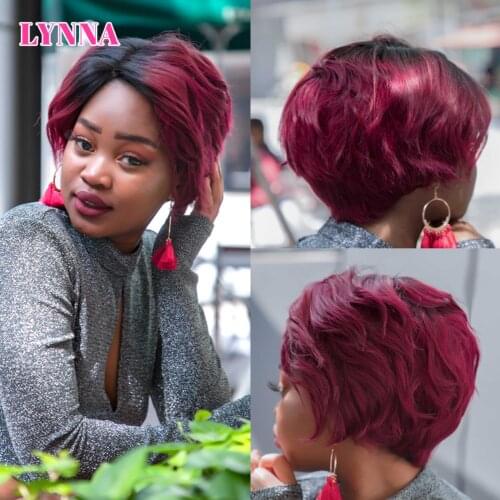 Short Ombre Burgundy Human Hair Wig Pixie Cut Wig With Bangs 1B 99j Short Wavy Lace Front Human Hair Wigs Blonde Color Cheap Wig