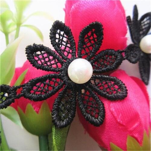 100cm Width 4cm Black Daisy Flower Pearl Lace Trim Embroidered Ribbon Fabric Applique Sewing Craft Clothes Materials Accessories