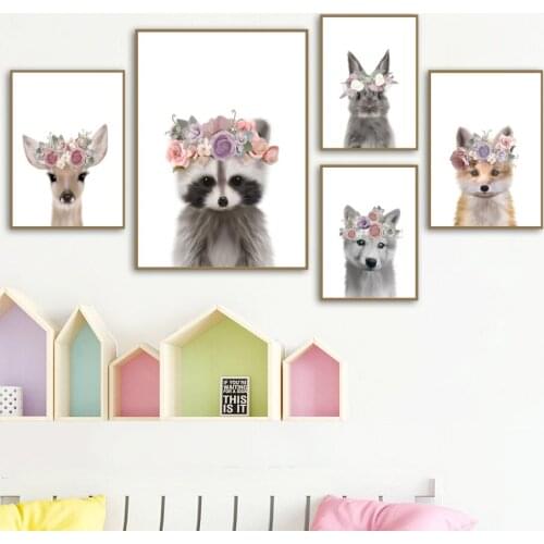 Cute Bunny Fox Raccoon Deer Squirrel Swan Wall Art Print Canvas Painting Nordic Posters And Prints Wall Pictures Kids Room Decor