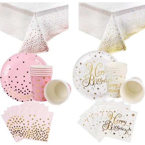 Pink Dot/Gold Star Pattern Disposable Dinnerware Set Birthday Party Decorations Kids Adult Birthday Plates Napkins Tableware