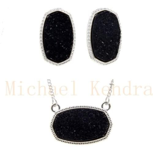 Oval Resin Druzy jewelry set silvery color Drusy Hexagon style Pendant Necklace Drop Earrings luxury designer brand for women