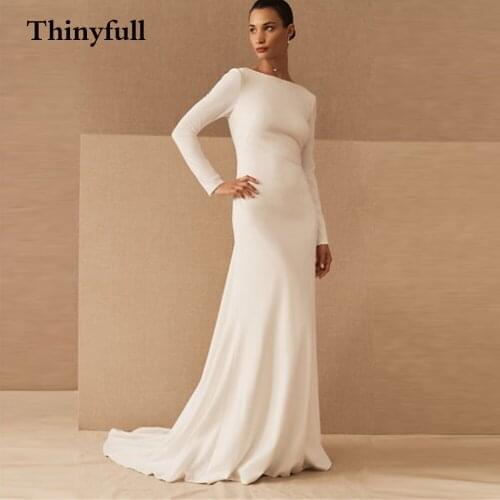 Simple Long Soft Mermaid Square Neck Wedding Dress Backless Long Sleeves Button Peral Floor Length Bridal Marriage Dresses Gowns