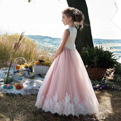 Pink Flower Girls Dresses For Lace Applique Sleeveless Children Evening Party Gown For Little Girls First Communion Dresses Mlov