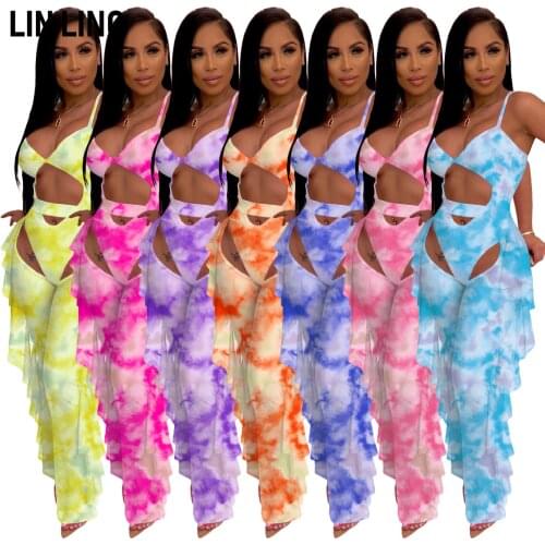 LINLING Women One Piece Outfits Tie-dye Printing Mesh Sheer Bodycon Jumpsuit Long Sleeve See Through Party Jumpsuits