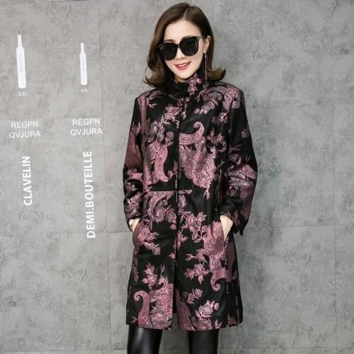 Free Shipping Multicolor Floral Print Genuine Leather Trench Coat Real Lambskin Leather Coats Fashion Long Outerwear Plus Size
