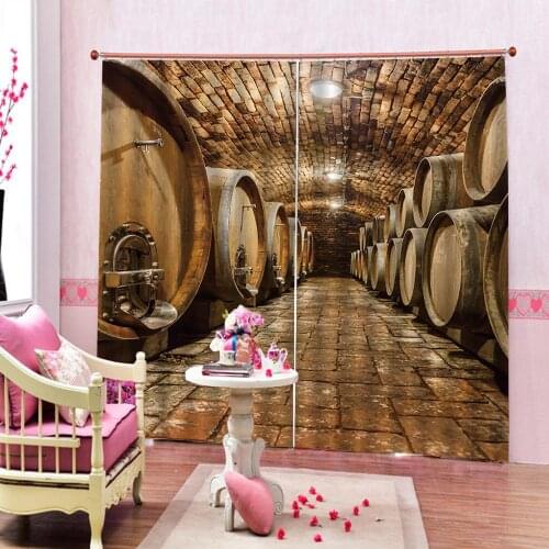 Wine Wall of Wooden Barrels Wine Stack Storage Gallon Antique Vintage Container Curtain For Living room Hotel restaurant Drapes