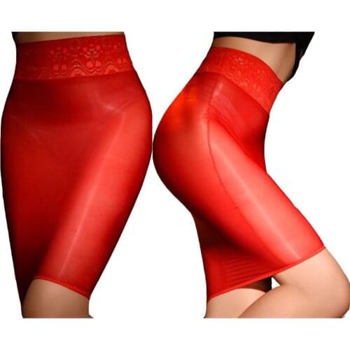 Women Sexy Skinny Oil Shiny Stretch Mini Skirt Body Shaper Lace Top See Through Stockings Skirt Slimming Night Club Wear