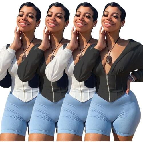 Casual Solid Color Women Hoodies V-Neck Zipper Up With Hooded Long Sleeve Collect Waist Asymmetric Tops For Streetwear