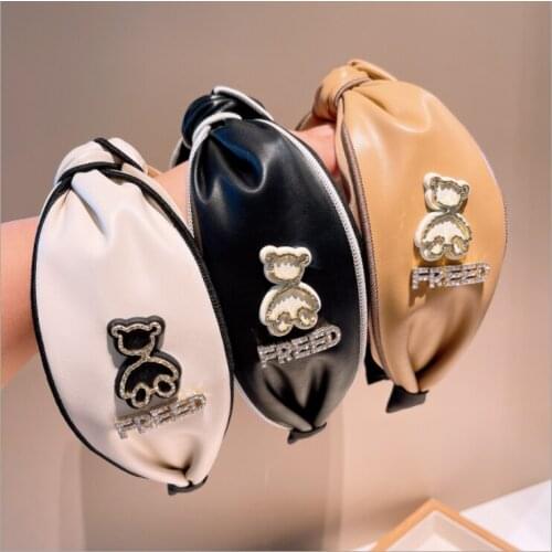 Retro style lambskin women hairbands rhinestone letters bear twisted headbands