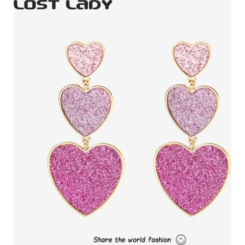 Lost Lady Cute Multicolor Heart Tassel Drop Earrings Fashion Shiny Alloy Long Earrings for Women Girls Party Jewelry Gift