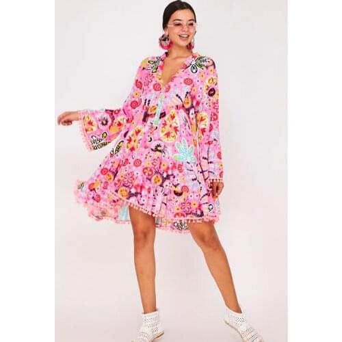 For Women Pink Color Mixed Pattern Quality Fabric With Cotton Pompom Short Boho Dress 2021 New Fashion Holiday Wear