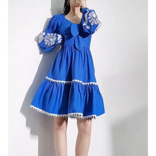New Luxury Embroidery Women Blue Bow Dress Autumn V-Neck Good Quality Casual Retro Long Dresses Vestidos Clothes One Piece