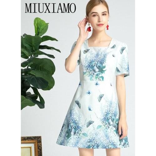 MIUXIMAO 2021 Spring Summer Square Neck Butterfly Flower Printed Diamonds Short Sleeve Elegant Casual Midi Dress Women Vestidos