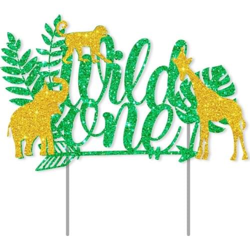 Gold Green Glitter Wild One Cupcake Topper Happy Birthday Party Decor Baby Shower Boy Girl Jungle 1st Birthday Supplies