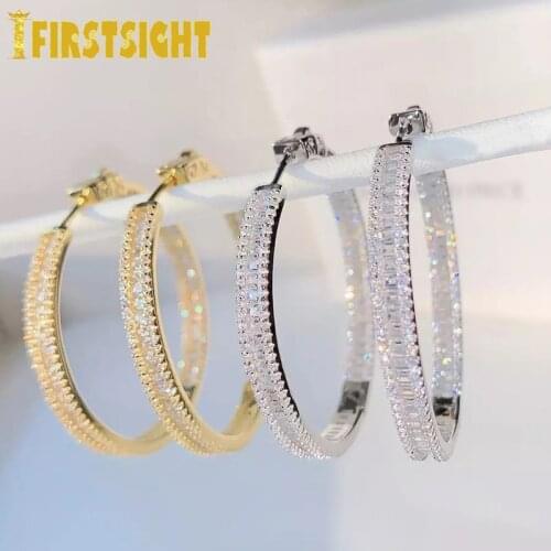 Baguette Princess Cut Square Shaped Cubic Zirconia CZ Earring Iced Out Bling Classic 45mm Big Circle Hoop Earring Women Jewlery