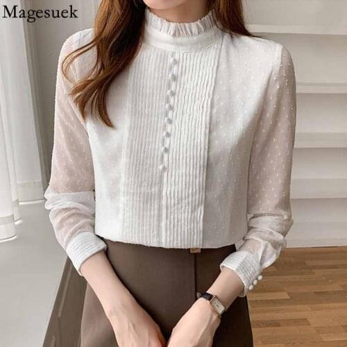 Loose White Elegant Blouse Autumn Pleated Ruffle Blouse Women Top Long Sleeve Lace Chiffon Shirt Office Lady Blusas Mujer 16776