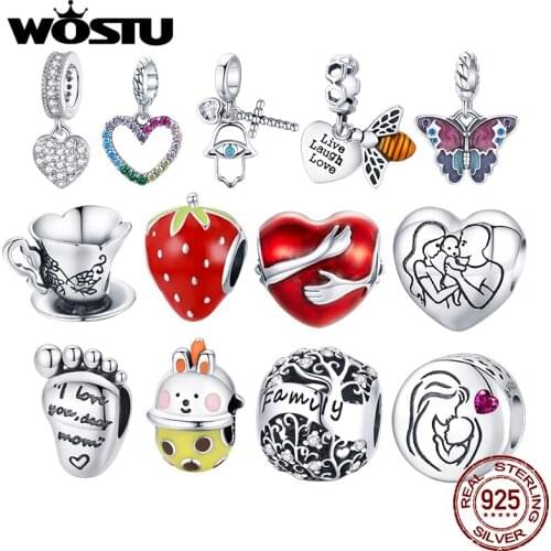 WOSTU New 925 Sterling Silver Retro Teacup Heart Love Bee Hugs Beads Charms Pendant Fit Bracelets Women Fashion Jewelry DIY Gift