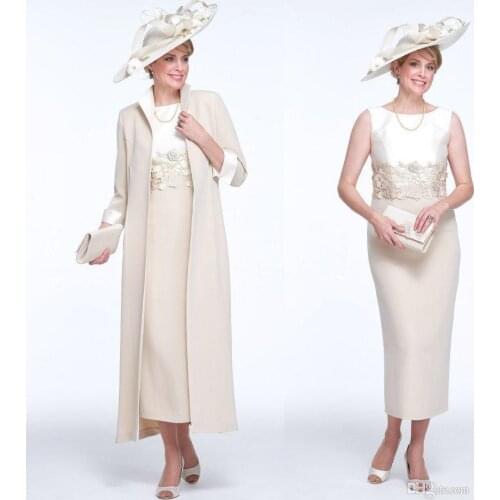 Elegant Tea Length Mother Of The Bride Dresses 2020 3/4 Sleeves Lace Chic Mom Evening Party Dress With Jackets Outfits Prom Gown