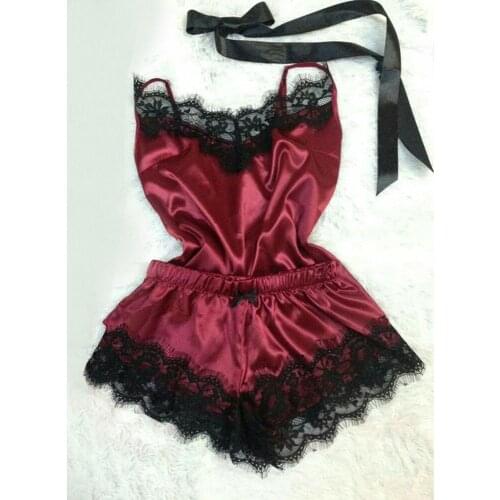 2PC Lingerie Women Lace Satin Cami With Shorts Women Pijamas Sexy Sleepwear Set Ladies Nightwear Porno Babydoll Erotic Sleepwear
