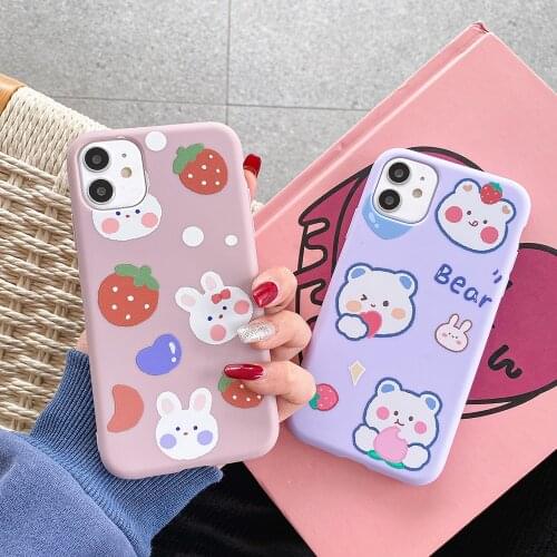 Cute Bear Cartoon Rabbit Strawberry Couples Phone Cases For iPhone 12 Pro Max Mini 11 Pro XR X XS Max 7 8 Plus Soft TPU Cover