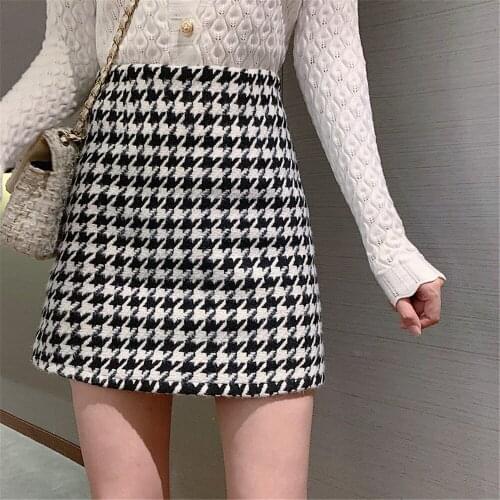 Fashion Womens Skirt Woolen Plaid High Waist Slim Buttocks Short Mini Woman Skirts Black Beige 1080