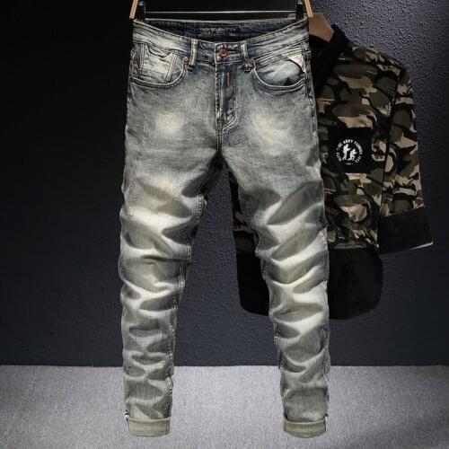 Italian Style Fashion Men Jeans Retro Wash Elastic Cotton Slim Fit Ripped Denim Trousers High Quality Vintage Designer Pants