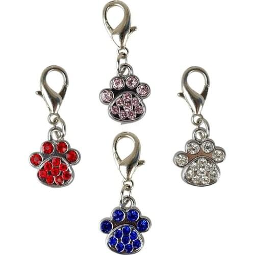 Fashion Jewelry Silver Pink Paw Bone Heart Collar Pendant Necklace Crystal Decorated Pet Dog Pendant Tag Pet Accessory