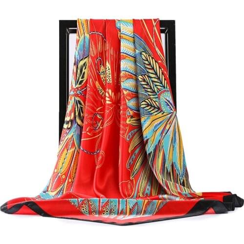Fashion Twill Silk Women Scarf 90*90 Colorful Feather Butterfly Print Square Scarves High Quality Super Large Gift Silk Shawls