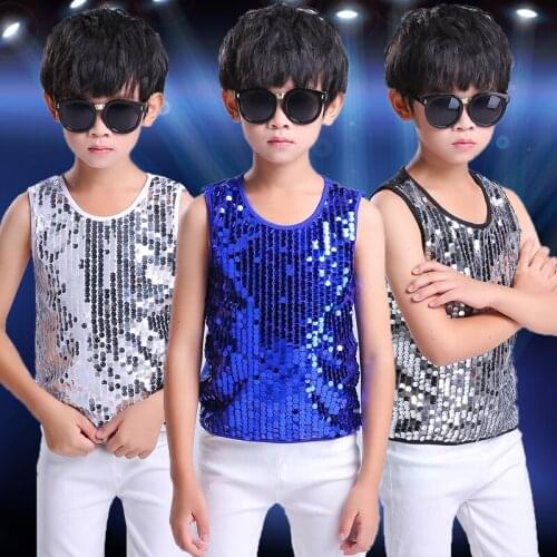 2018 Shining Silver vest Stage Performance Costumes Child Hip Hop Jazz Dance Clothes Sequins Boy Chorus Drums Outfits