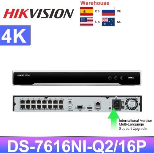 Hikvision Original 16CH 4K POE NVR DS-7616NI-Q2/16P H.265+ 8MP POE NVR for IP Camera Support Two way Audio Network Recorder