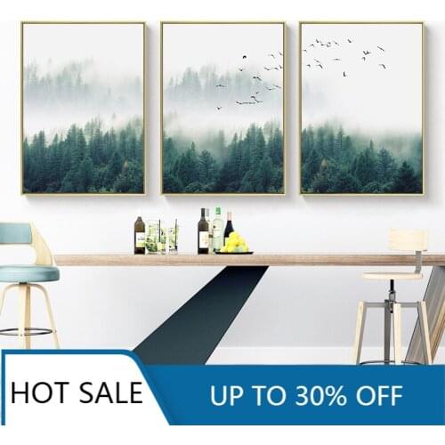 Nordic Fog Forest Birds Landscape Wall Art Canvas Painting Posters Prints Wall Decor For Living Room Aesthetic Home Decoration