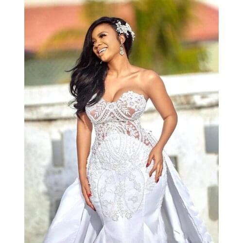 African White Trumpet Wedding Dress For Bride 2021 Chapel Long Train Sweetheart Lace Appliques Detachable Overskirt Bridal Gowns