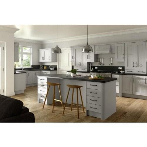 Light gray shaker style solid wood kitchen cabinet with island