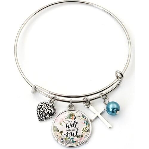 VILLWICE Trendy adjustable wire bangle bracelet handmade art glass charms bangles scripture quote jewelry christian gifts