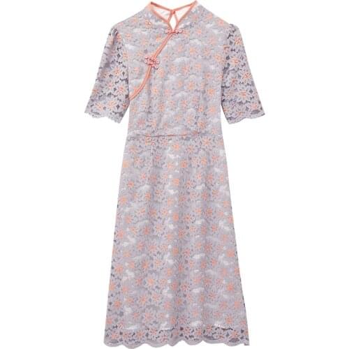 2021 New Summer Women Mandarin Collar Half Sleeve Floral Lace Dress Vintage Chinese Style Elegant Improved Cheongsam Dress