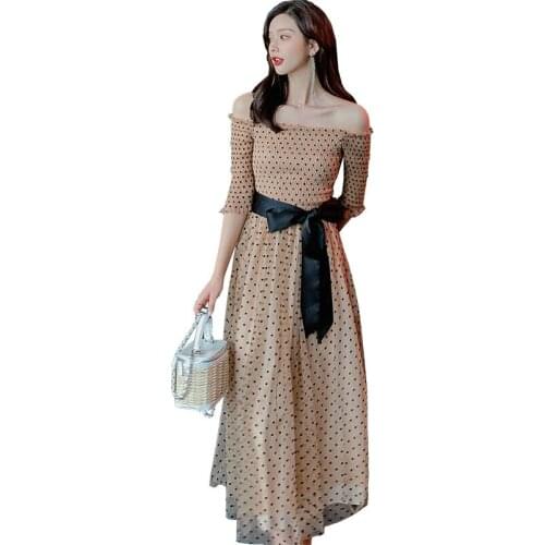 French Slash Neck Sexy Dress Women Summer 2020 Half Sleeve Off Shoulder Dress Ladies Print Polka Dot Mesh Dress Woman with Belt