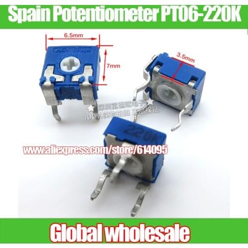15pcs Spain Potentiometer PT06-220K / Horizontal Cross Hole Adjustable Resistance Trim / 6.5MM Diameter