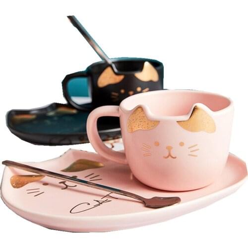 200Ml Ceramic Cute Cat Drinkware Cup Coffee Cup with Tray and Lid Spoon Breakfast Tableware Handgrip Animal Mugs Birthday Gift
