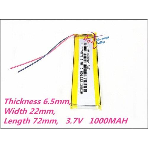 652272 3.7V,1000MAH,PLIB;Polymer rechargeable batteries GPS,MP3,MP4,MP5,DVD,602272 bluetooth,model toy camera