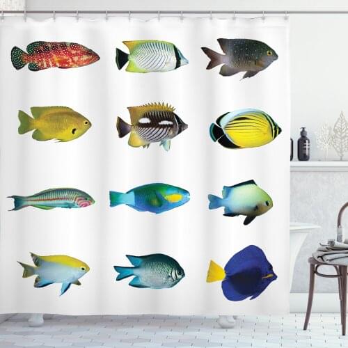 Fish Shower Curtain Set Bannerfish Goldfish Parrotfish Wildlife Curtain for Bathroom Decor 12 Hooks Decorative Bath Accessory