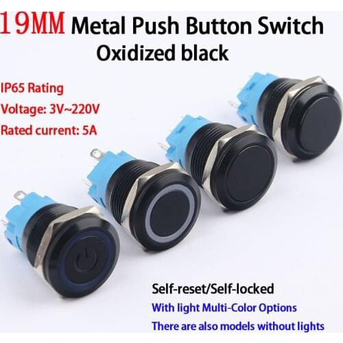 19MM Push Button Switch Oxidized Black Momentary Latching Fixed on Off Power Switch Flat LED Light 3-6 12-24 110-220V Waterproof