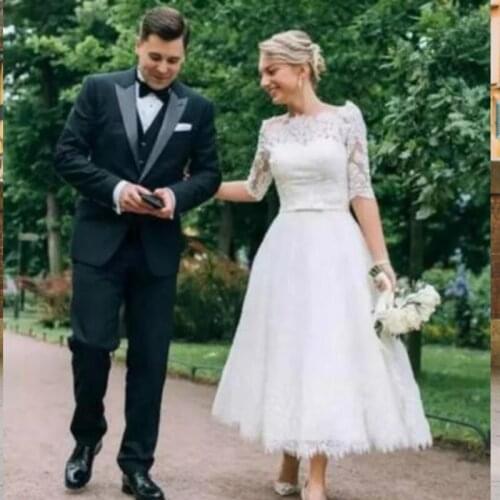 Short Wedding Dresses Vestido De Noiva 2021 Simple A-line Half Sleeve Appliques Lace Bridal Dress Wedding Gown Robe De Mariee