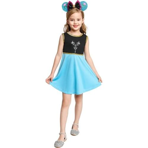 Snow Queen Anna Costume for Girls O Neck Sleeveless A line Casual Summer Frock Embroidery Children Elza Ana Birthday Party Dress