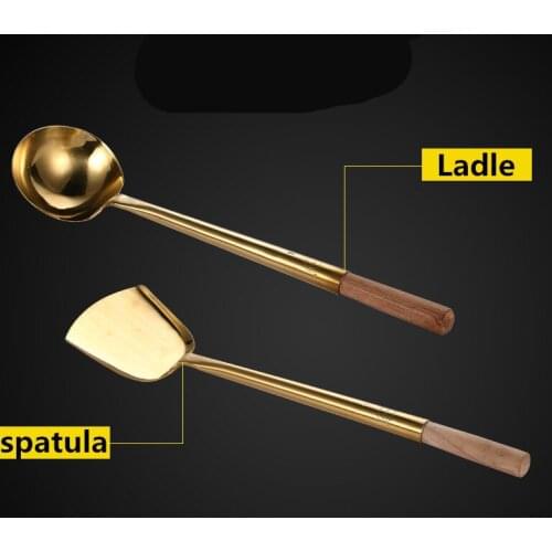 Spoon copper spatula wooden handle pure copper spoon commercial frying pan gruel spoon brass spatula copper old fashioned shovel