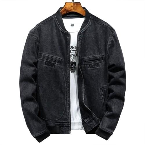 Autumn New High Quality Mens Solid Color Stand-up Collar Zipper Pocket Slim Motorcycle Mens Denim Jacket Coat Plus Size 4XL