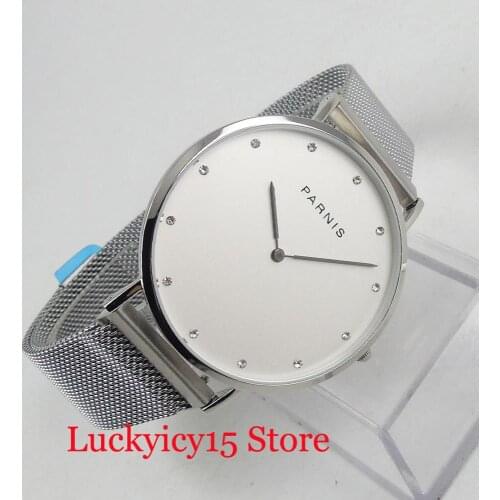 41mm White Dial Sapphire Crystal PARNIS Round Luxury Quartz Mens Watch With Alloy Bracelet