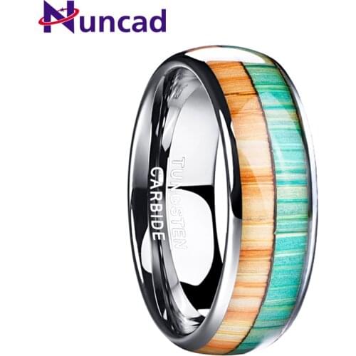 NUNCAD 8MM Width Polished Wood Grain DomeTungsten Carbide Men Ring Inlaid Double Color Orange Green Trend Gift Ring For Male