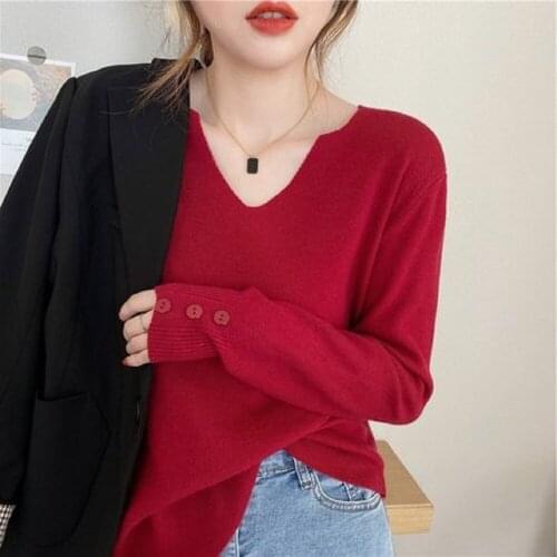 Autumn 2021 new style v-neck sweater long-sleeved thin blouse early autumn sweater Korean gentle wind bottoming shirt