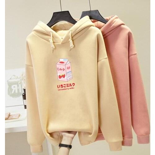 Kawaii Strawberry Milk Harajuku Hoodie Oversized Graphic Warm Pullover Sweatshirts Schoolgirl Streetwear Womens Winter Pink Tops